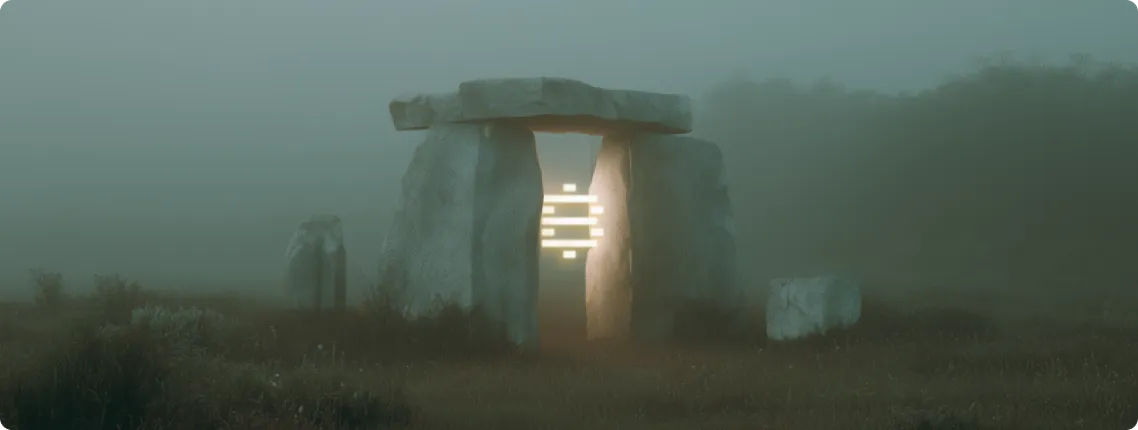 Foggy landscape with a stone megalithic structure resembling a dolmen and glowing horizontal light bars inside the opening.