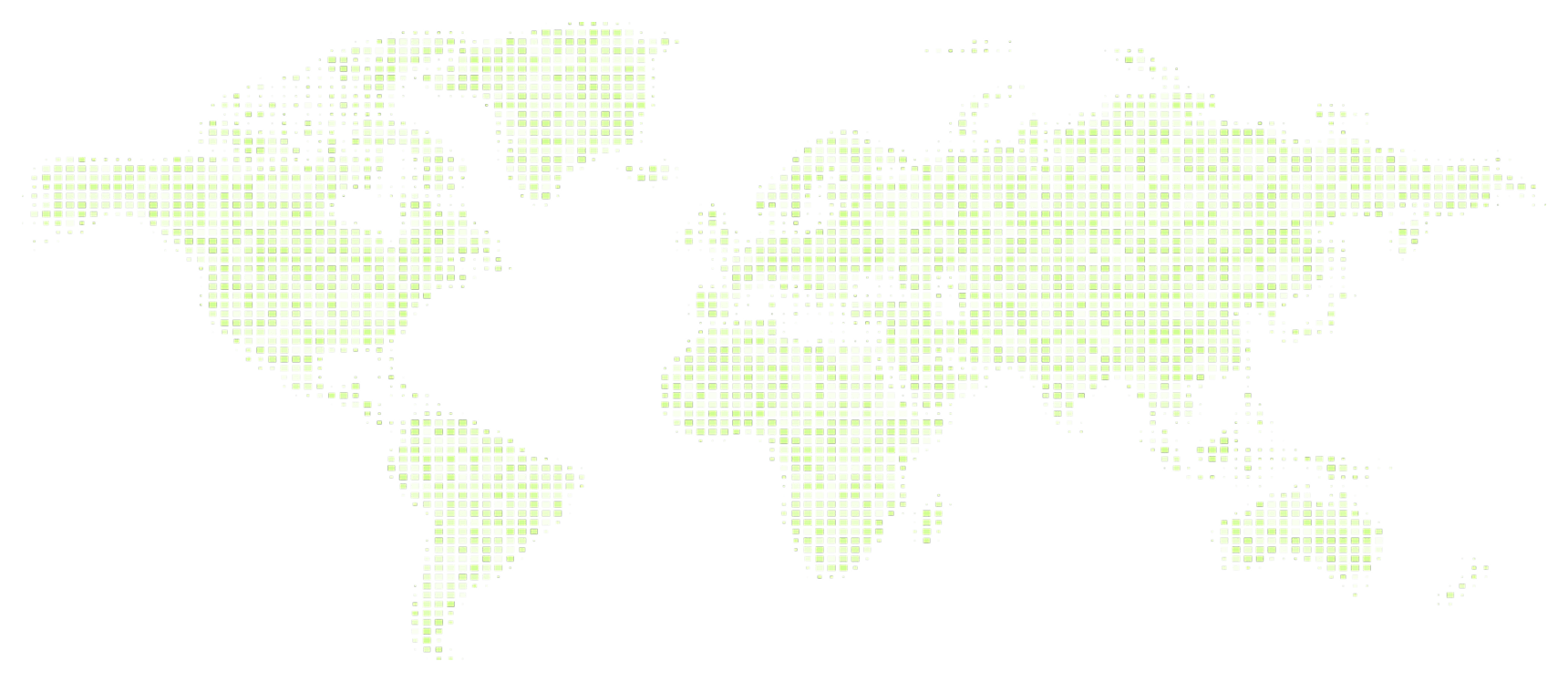 World map composed of green square pixels forming the continents on a transparent background.