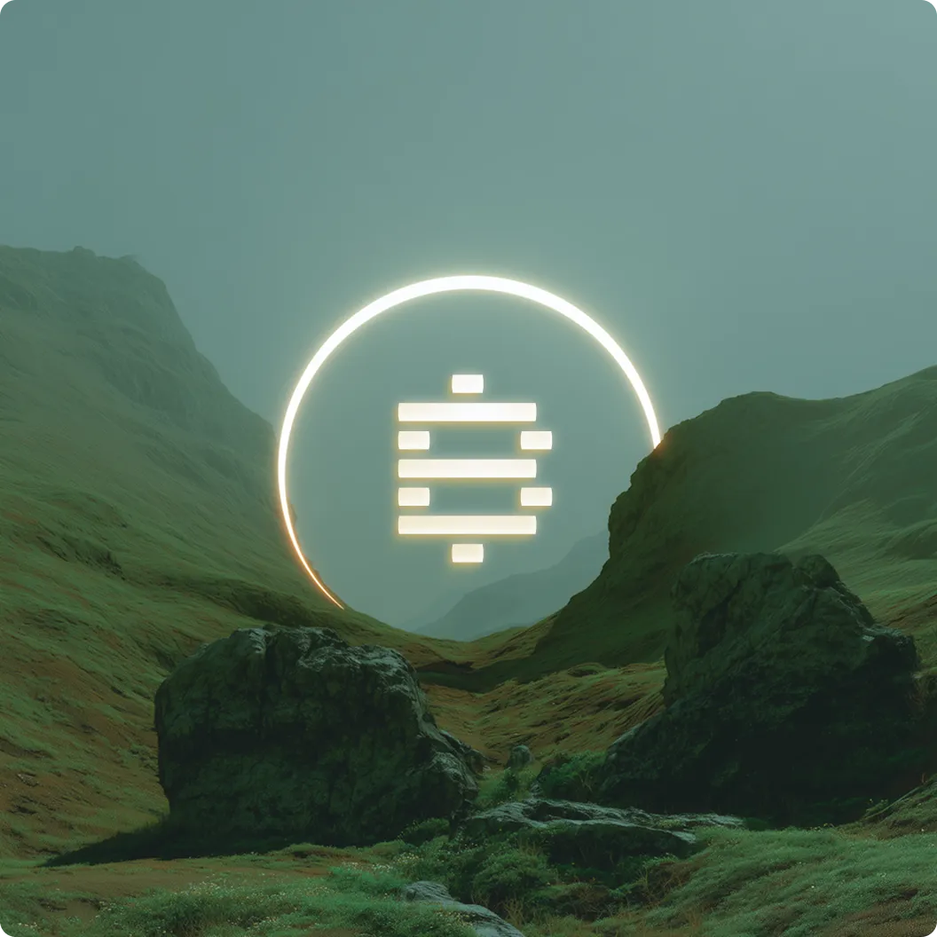 Glowing cryptocurrency symbol inside a luminous circle floating over a green mountainous landscape under a foggy sky.