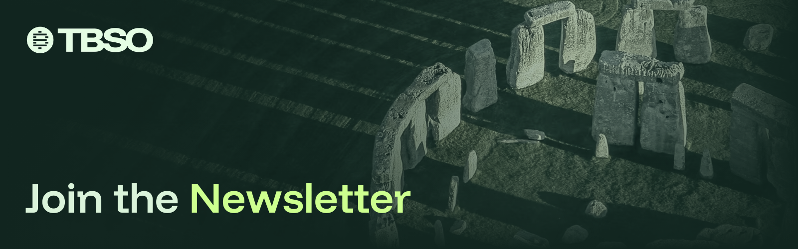 The Bitcoin Society logo with promotional text inviting to join the newsletter, overlaid on an aerial view of Stonehenge casting long shadows.