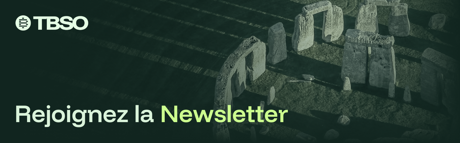 The Bitcoin Society logo with promotional text inviting to join the newsletter, overlaid on an aerial view of Stonehenge casting long shadows.