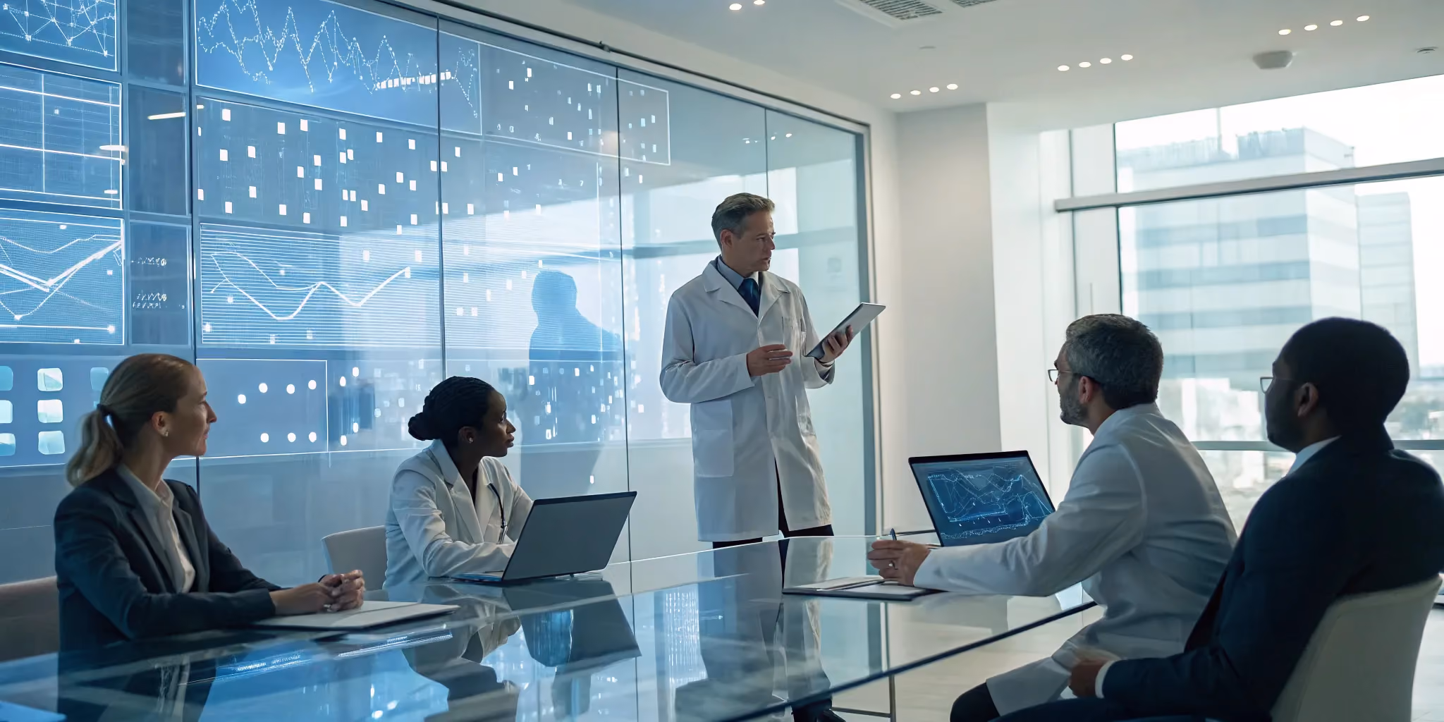 A life sciences team analyzing project data with their outsourced PMO.