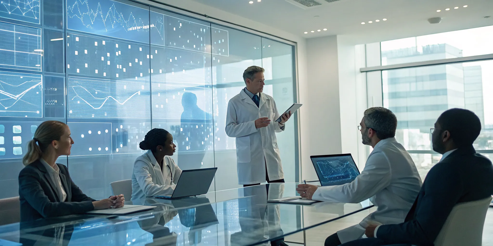 A life sciences team analyzing project data with their outsourced PMO.