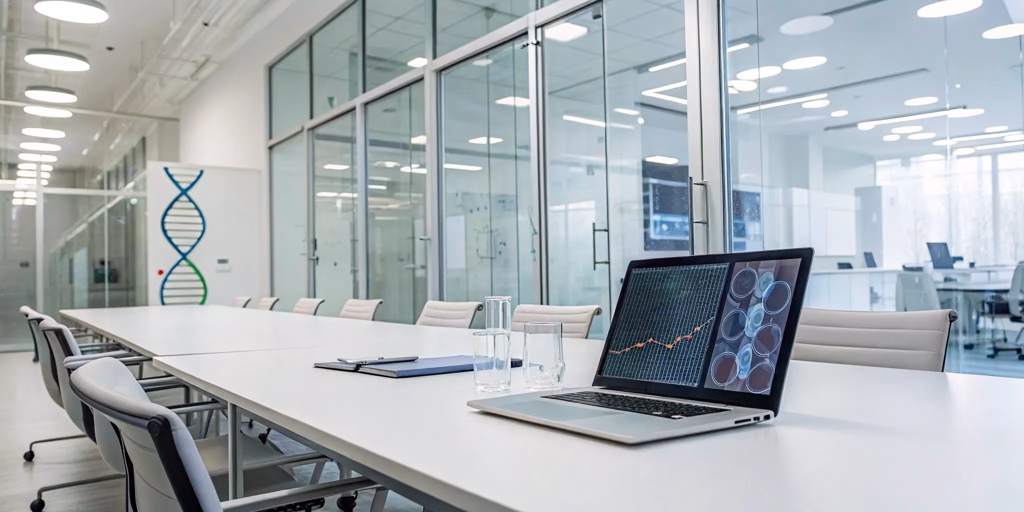 Laptop with project data and a DNA model on a table for a biotech startup PMO setup.