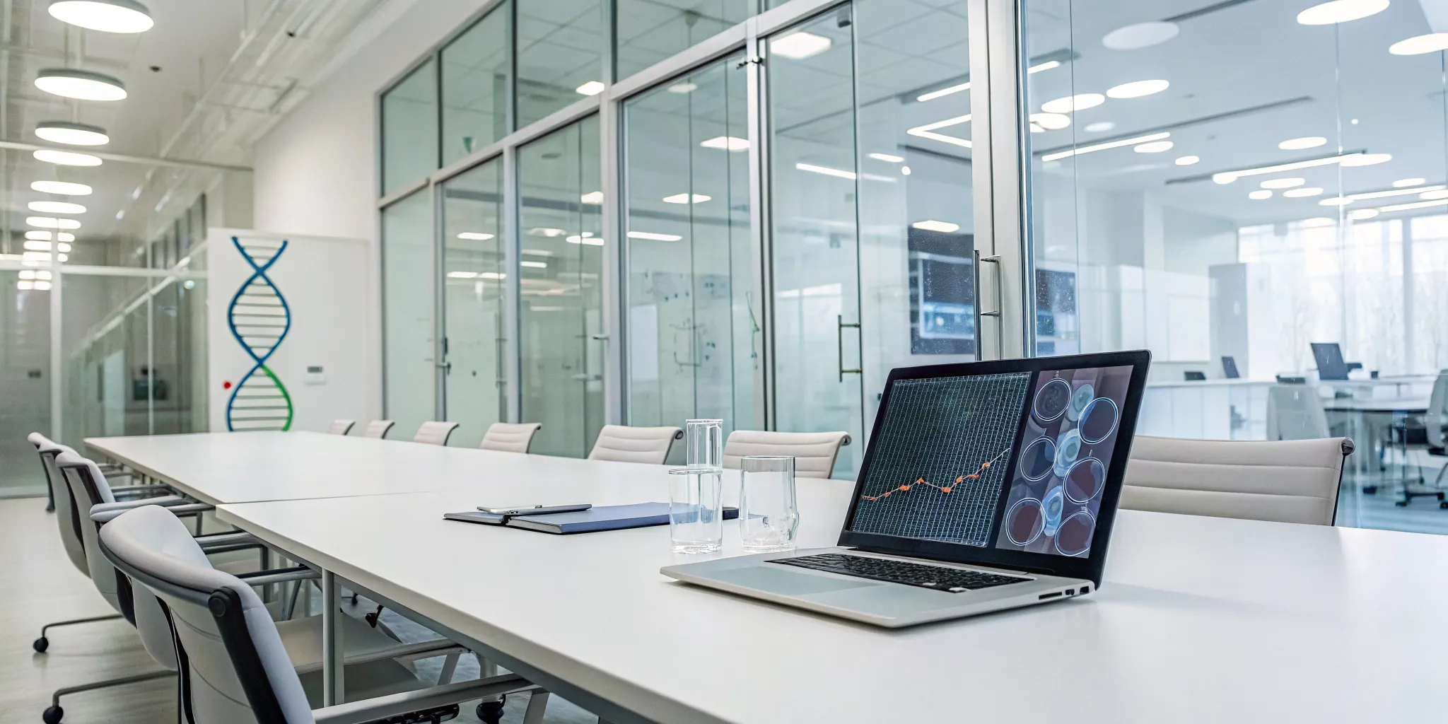Laptop with project data and a DNA model on a table for a biotech startup PMO setup.