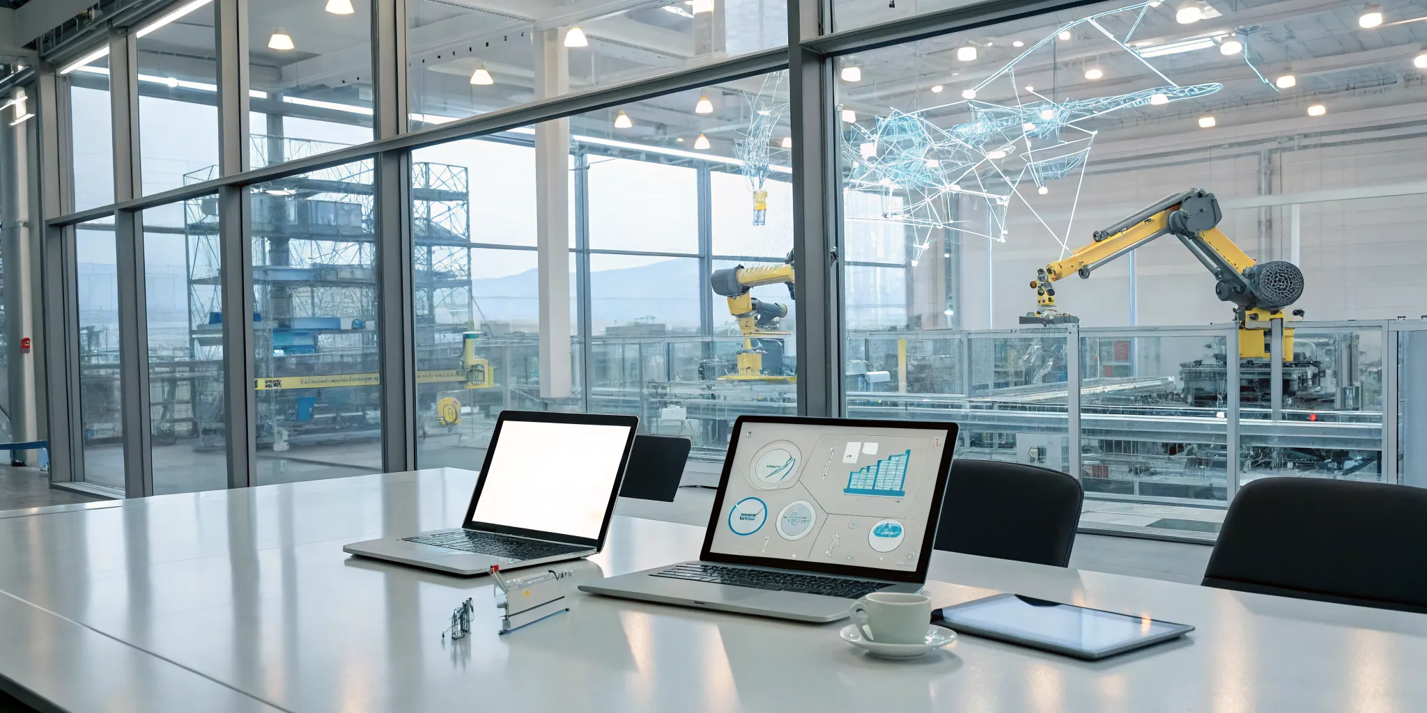 Manufacturing ERP upgrade risk management dashboard on a laptop in a modern factory.