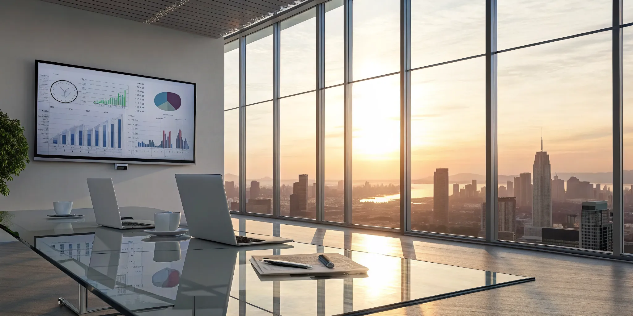 Charts and graphs for an executive project status report displayed in a modern boardroom.