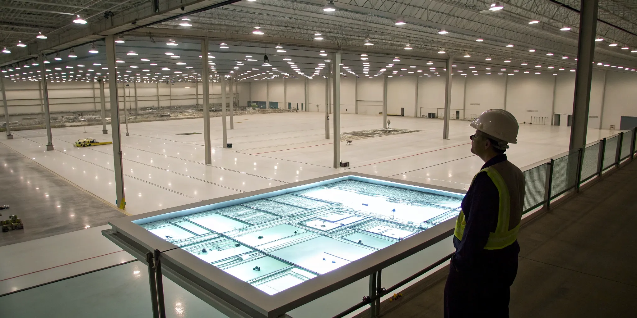 Engineer in a hard hat managing a large manufacturing facility expansion with project plans.