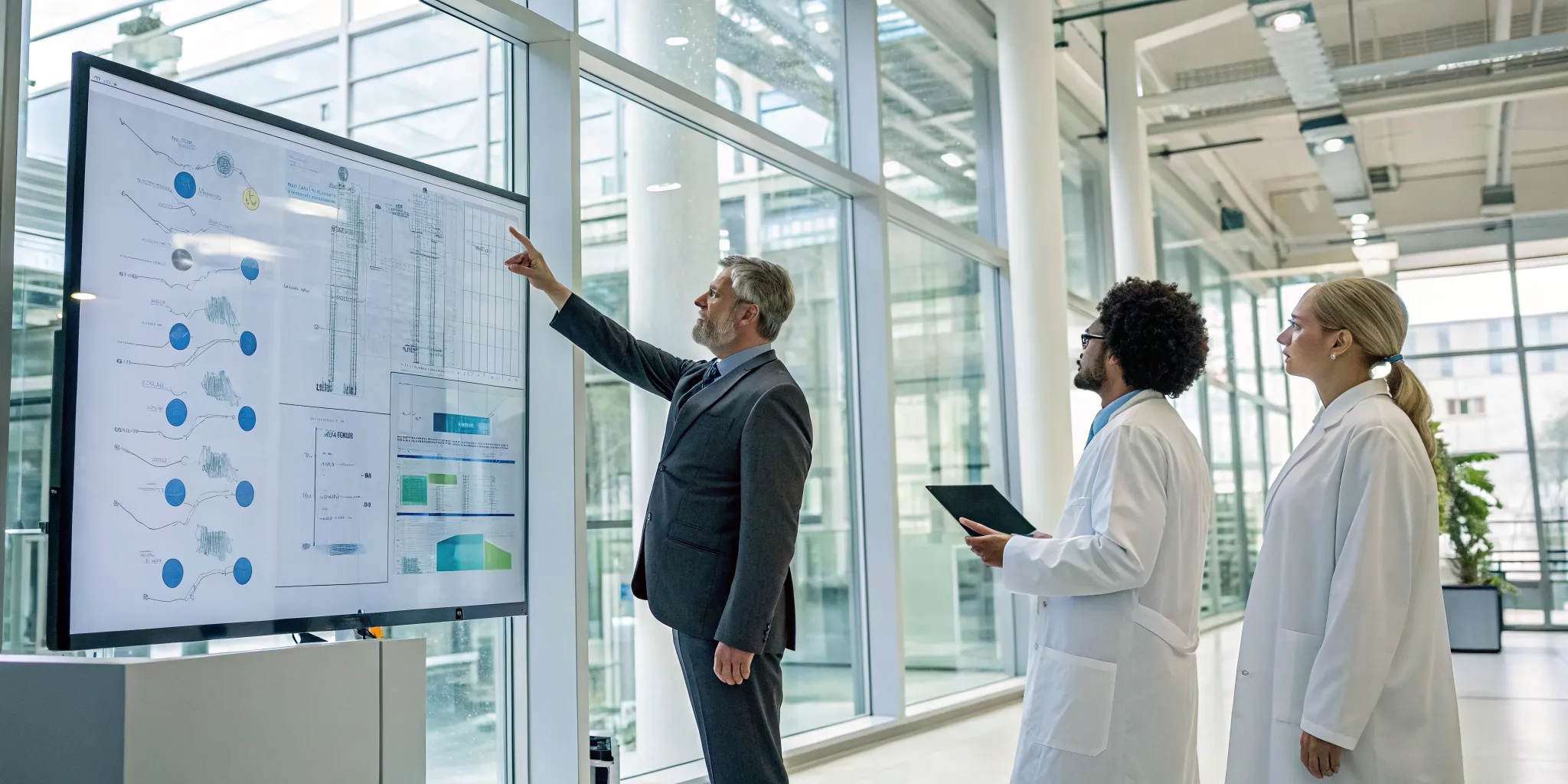Biotech project management services team reviewing scientific data on a screen in a lab.