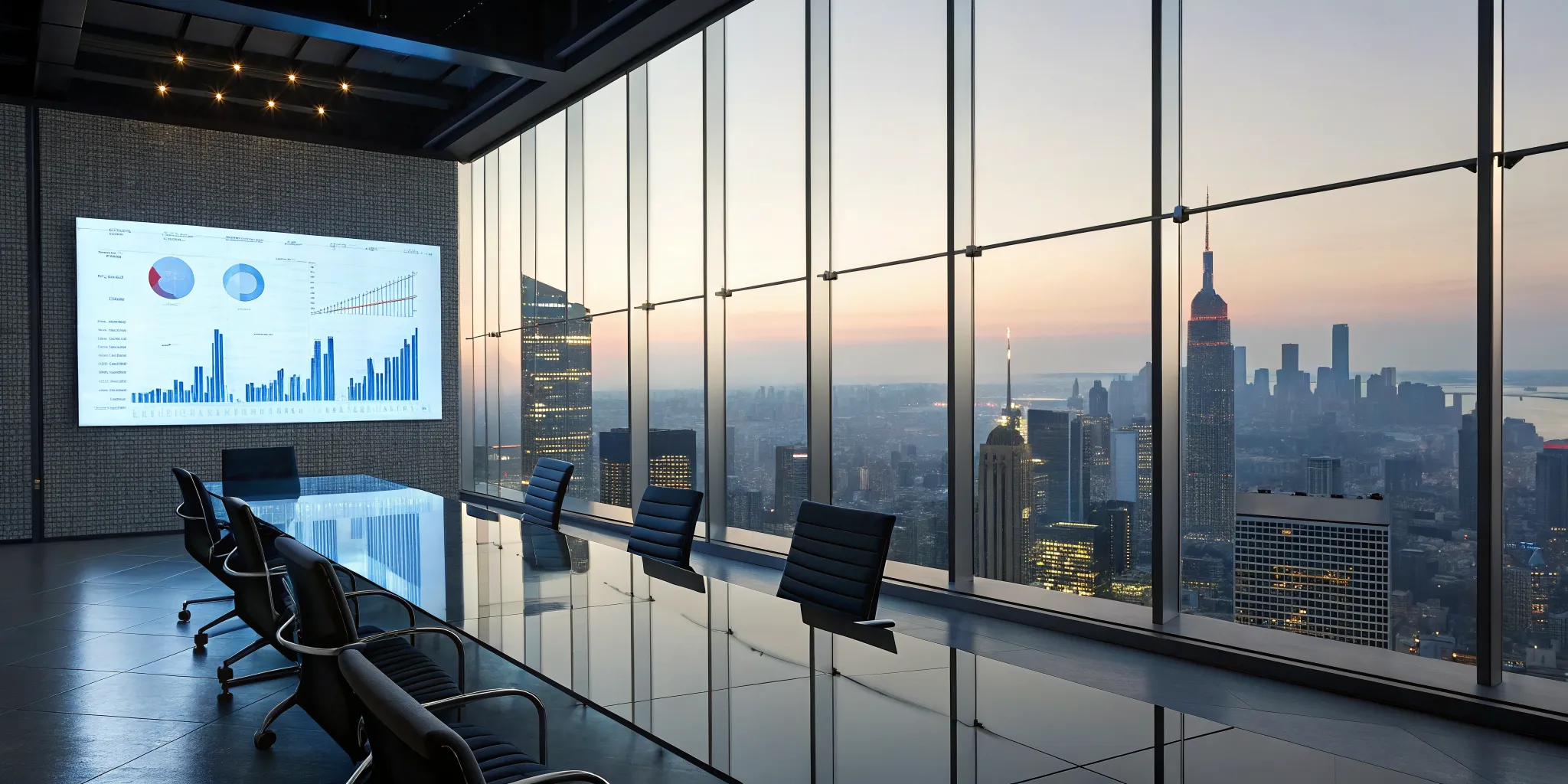 Project portfolio reporting charts on a screen in a boardroom for a leadership review.