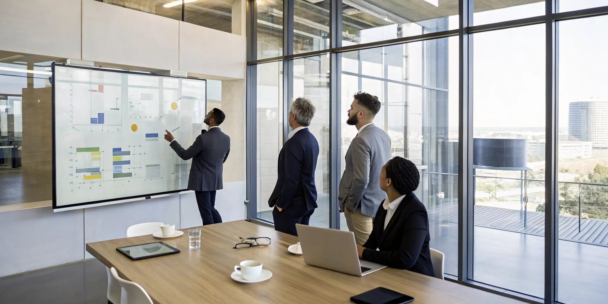 Experts planning food and beverage project management services on a whiteboard.