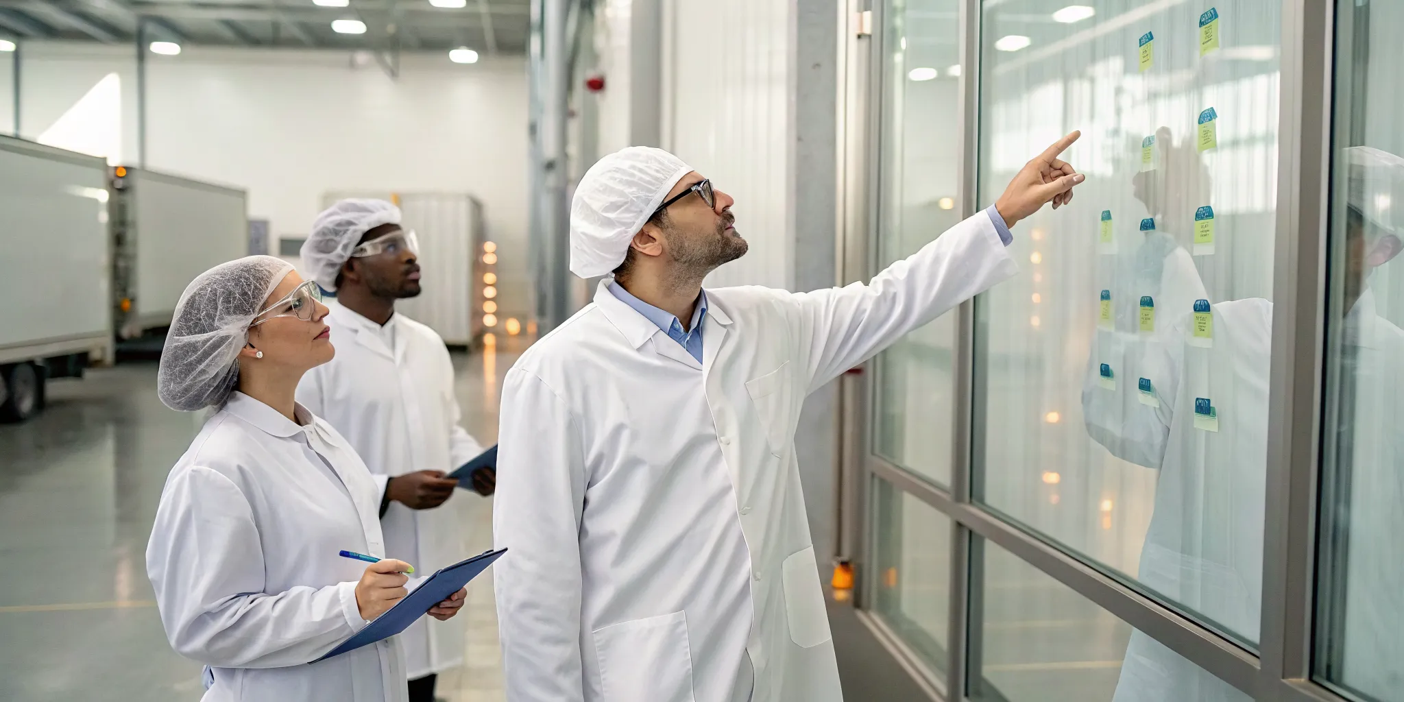 Project management services for food manufacturing, with a team planning for production and compliance.
