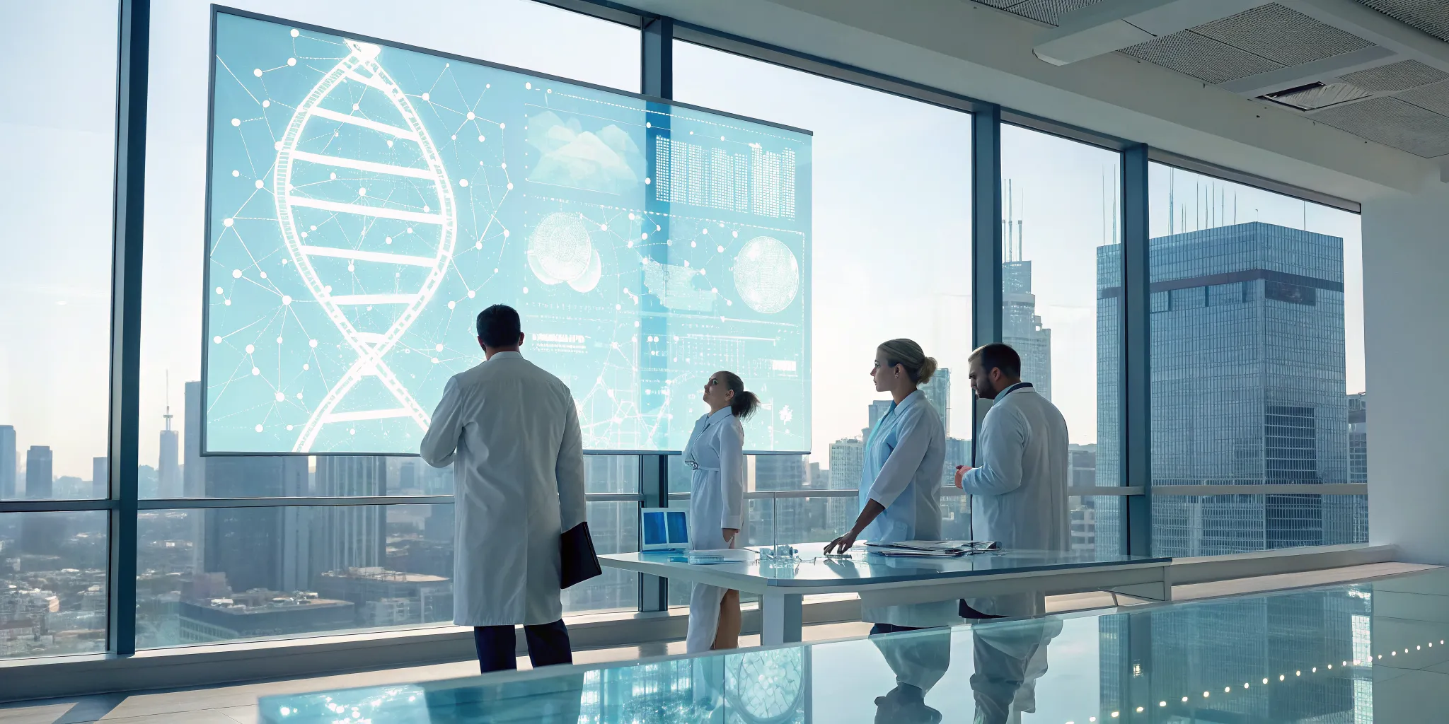 Project management services for biotech with a team analyzing DNA data on a digital screen.
