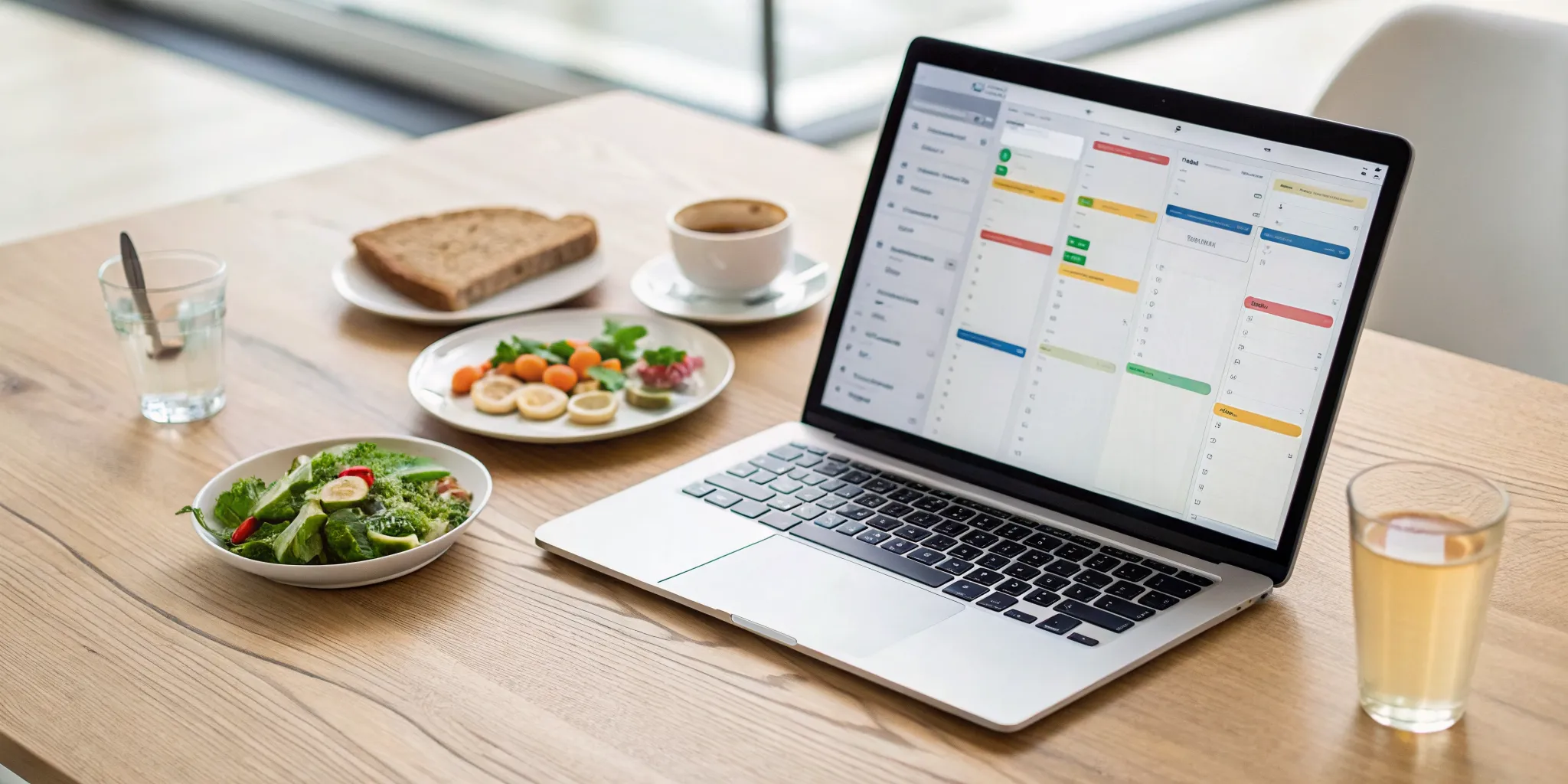 A laptop with a project management dashboard for F&B services, surrounded by food and drinks.