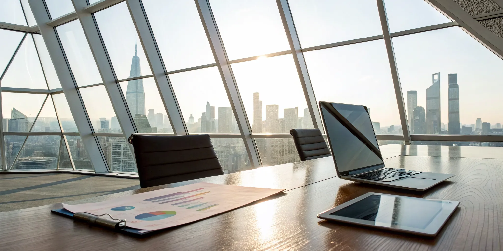 A strategic view of PMO advisory services with charts and a laptop in a city office.