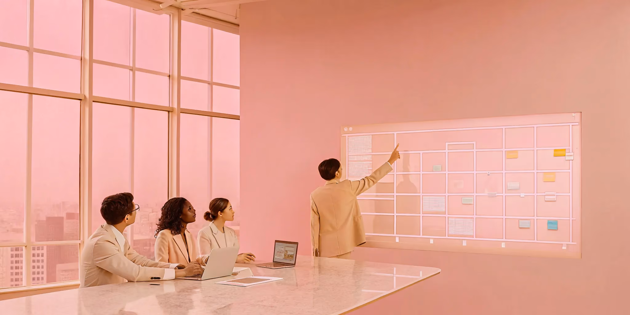 A project management consulting company helps a team plan their project strategy in an office.
