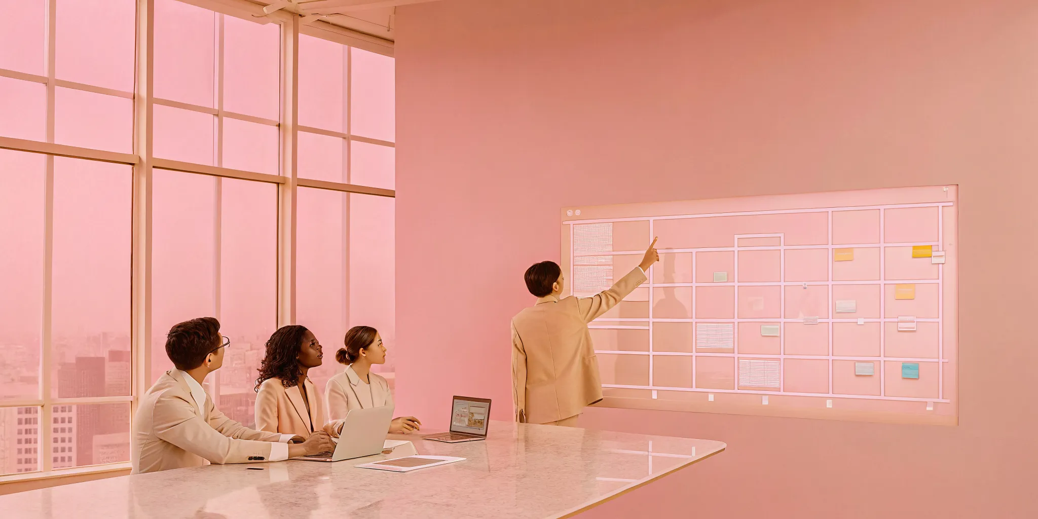 A project management consulting company helps a team plan their project strategy in an office.