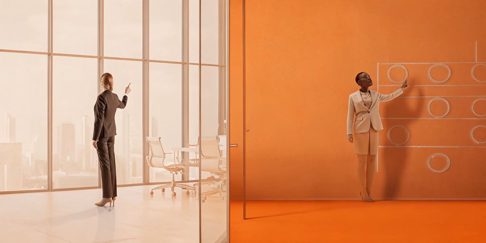 A consultant strategizing on a glass board vs a project manager planning on a wall chart.