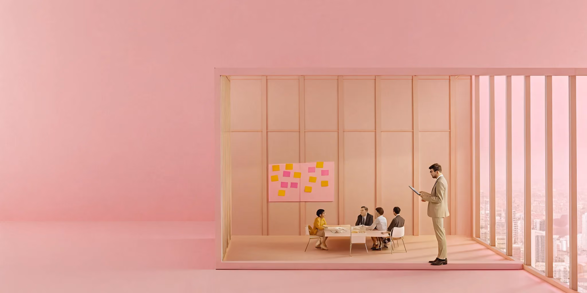 A consulting project manager leads a team, using sticky notes to organize the project scope.