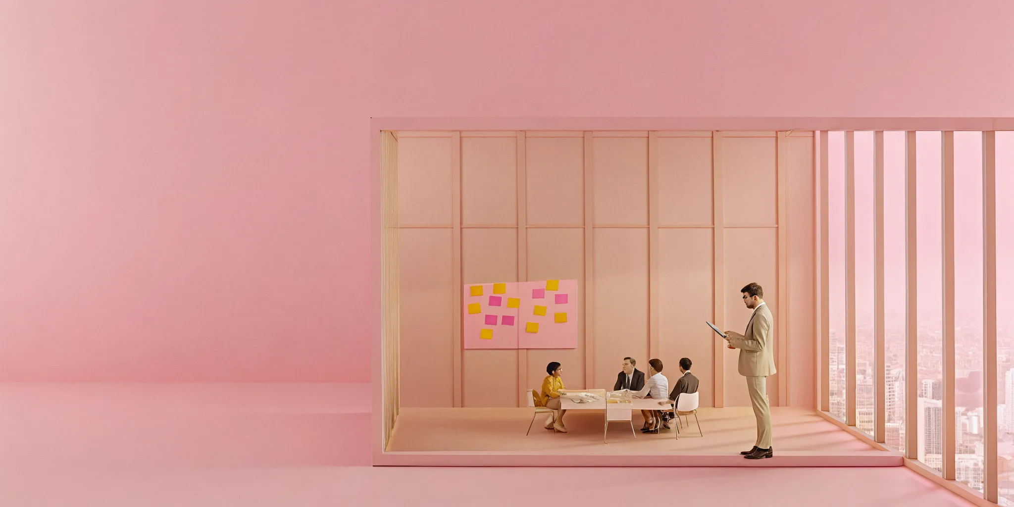 A consulting project manager leads a team, using sticky notes to organize the project scope.