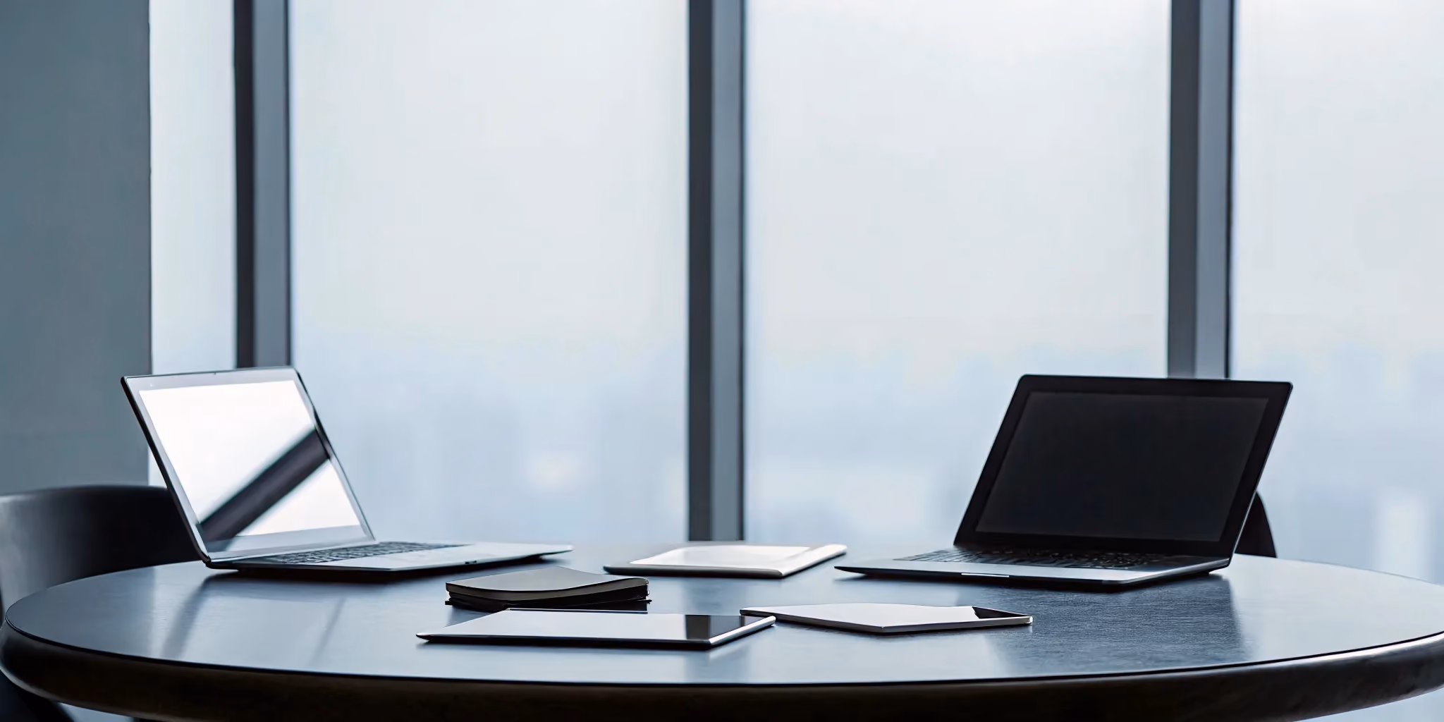 Project management consulting services workspace with laptops and notes for strategic planning.