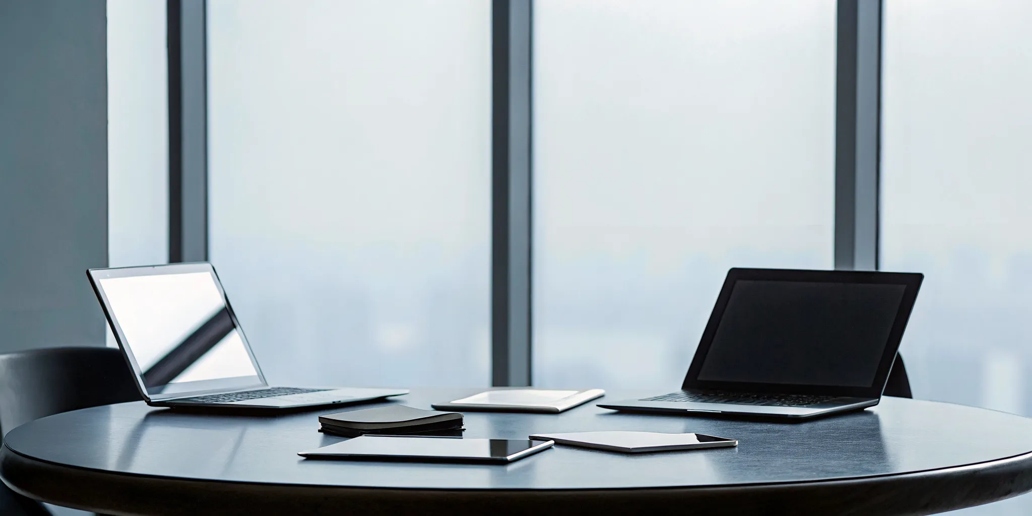 Project management consulting services workspace with laptops and notes for strategic planning.