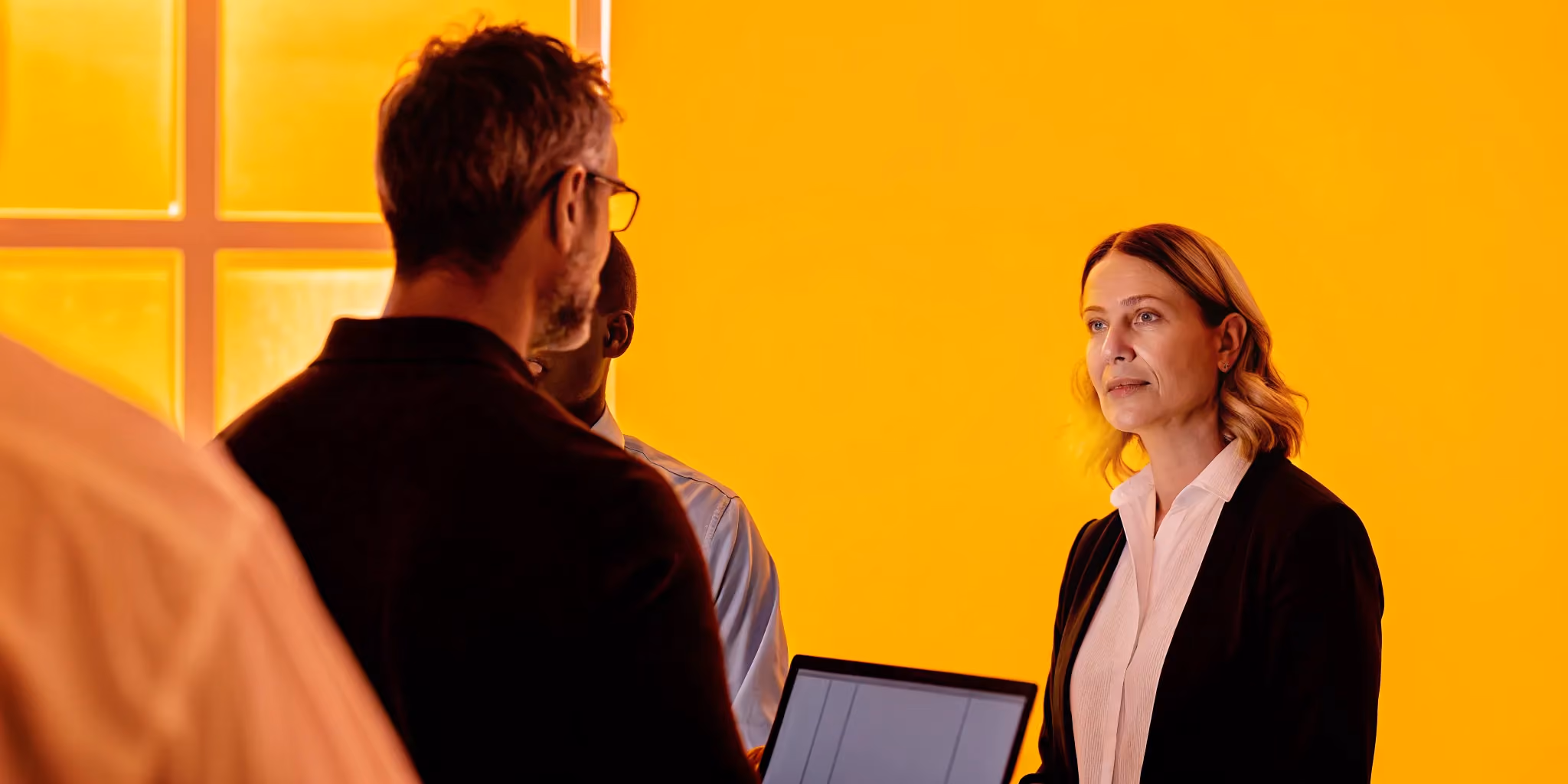 Pharmaceutical project manager leading a cross-functional team meeting in a modern laboratory environment reviewing digital project timelines