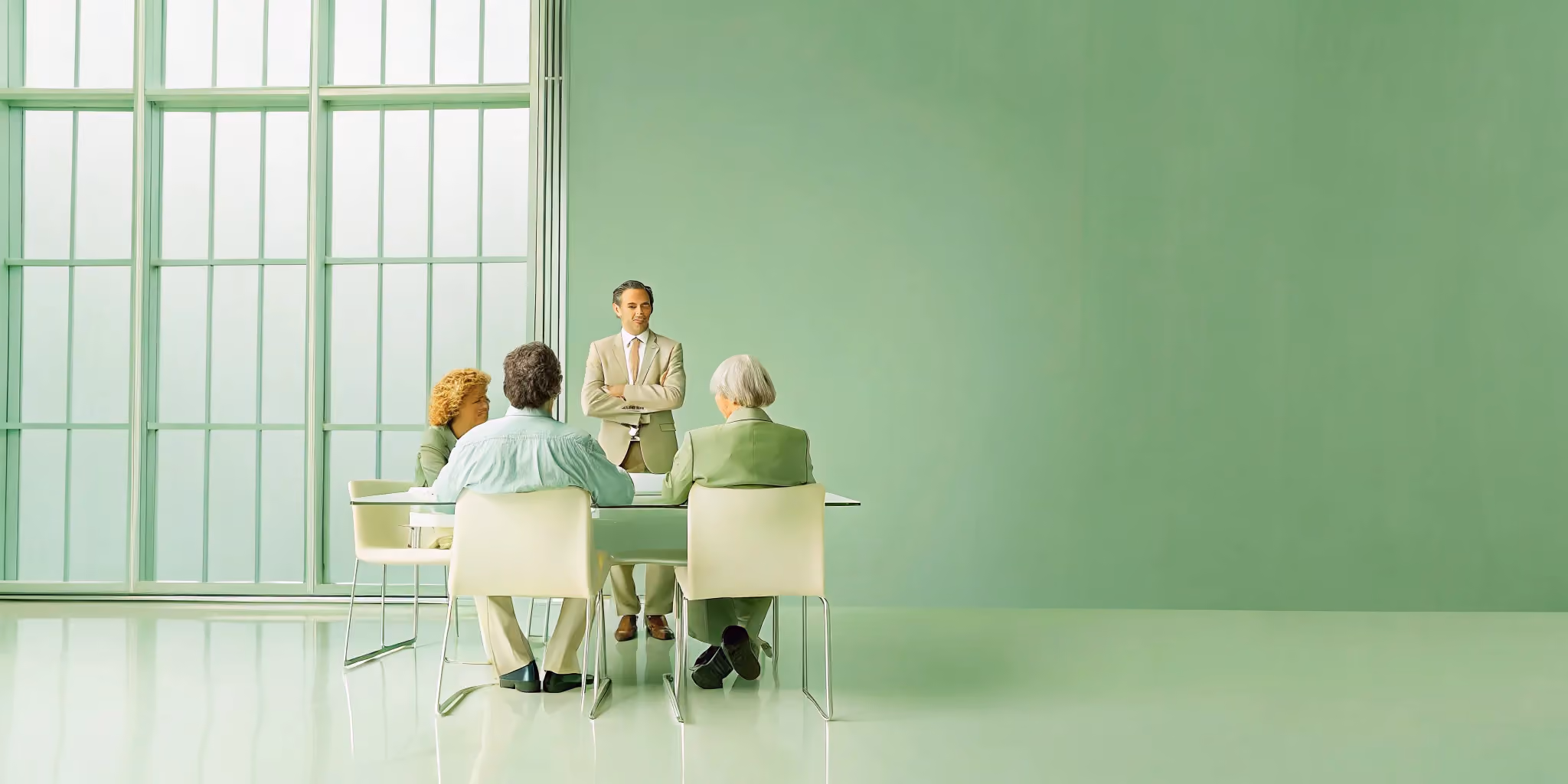 Executive team meeting with a contract program manager leading a project strategy discussion in a modern boardroom