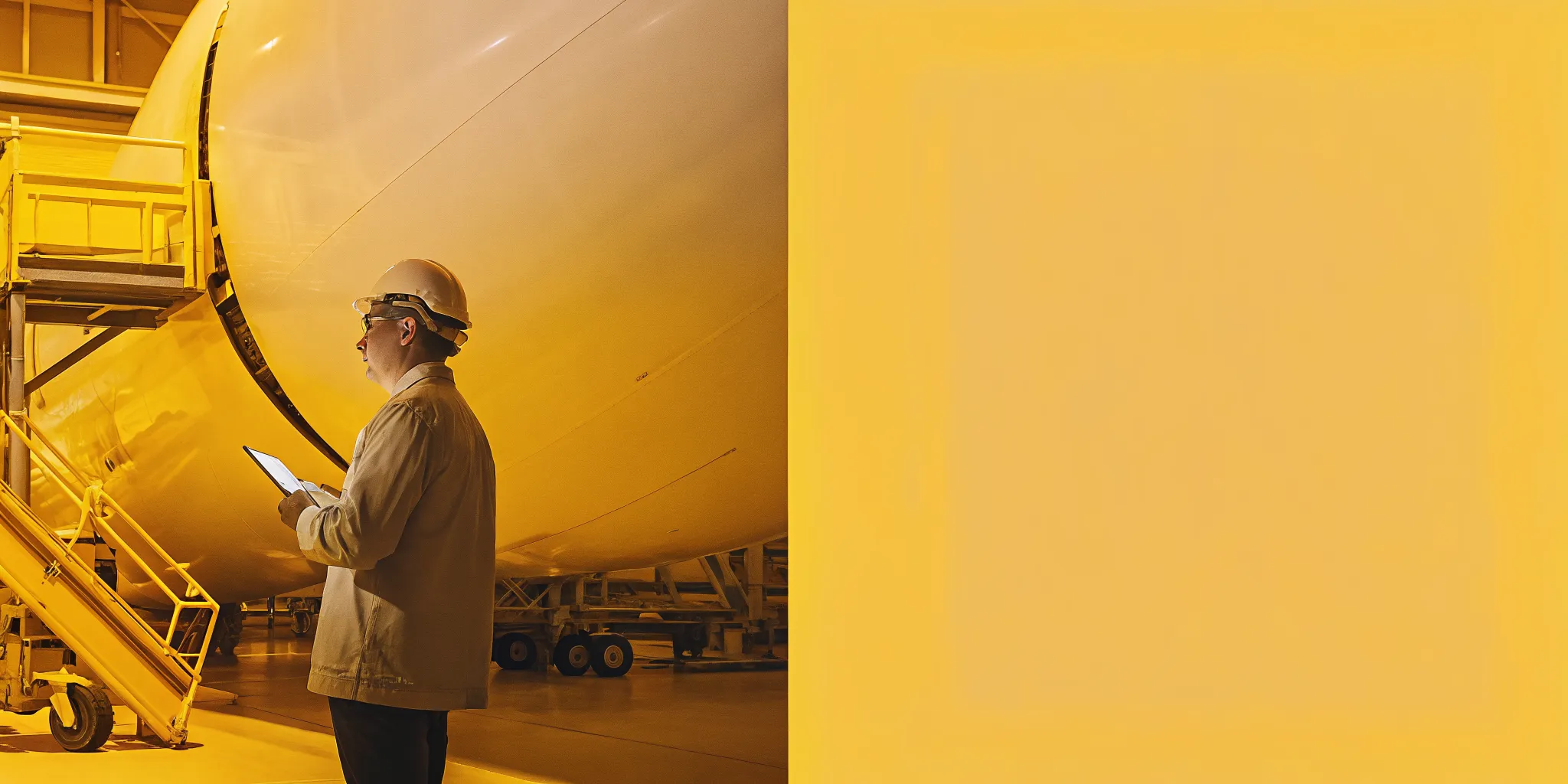 Aerospace engineer reviewing an integrated master schedule on a tablet near an aircraft assembly line