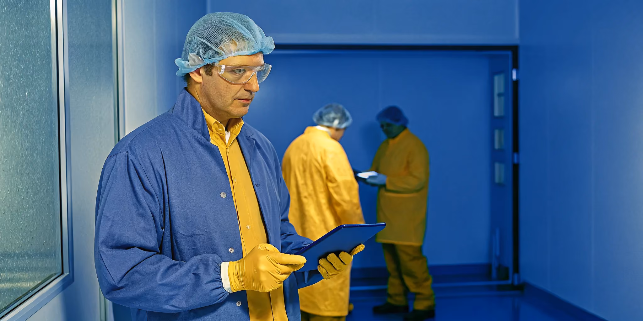 Quality assurance team in a sterile pharmaceutical cleanroom environment reviewing compliance data