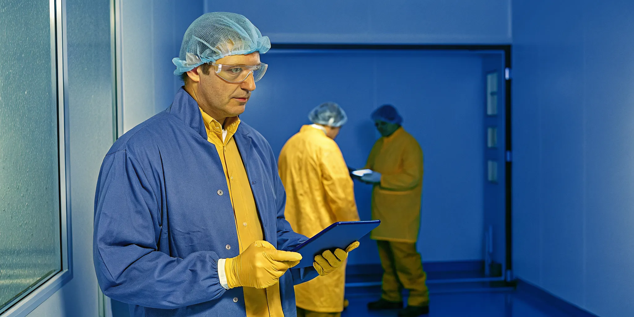 Quality assurance team in a sterile pharmaceutical cleanroom environment reviewing compliance data
