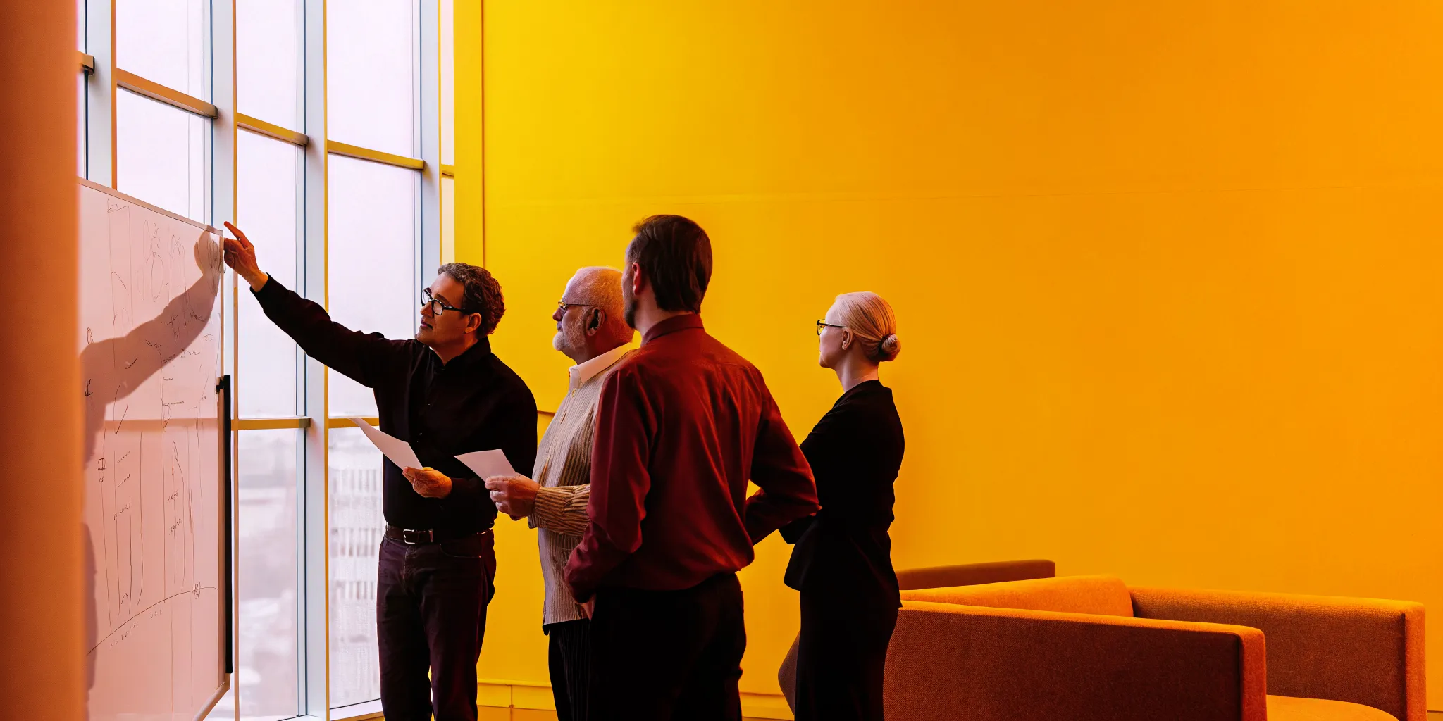 Senior project managers and operations leaders reviewing portfolio dashboards in a bright modern conference room