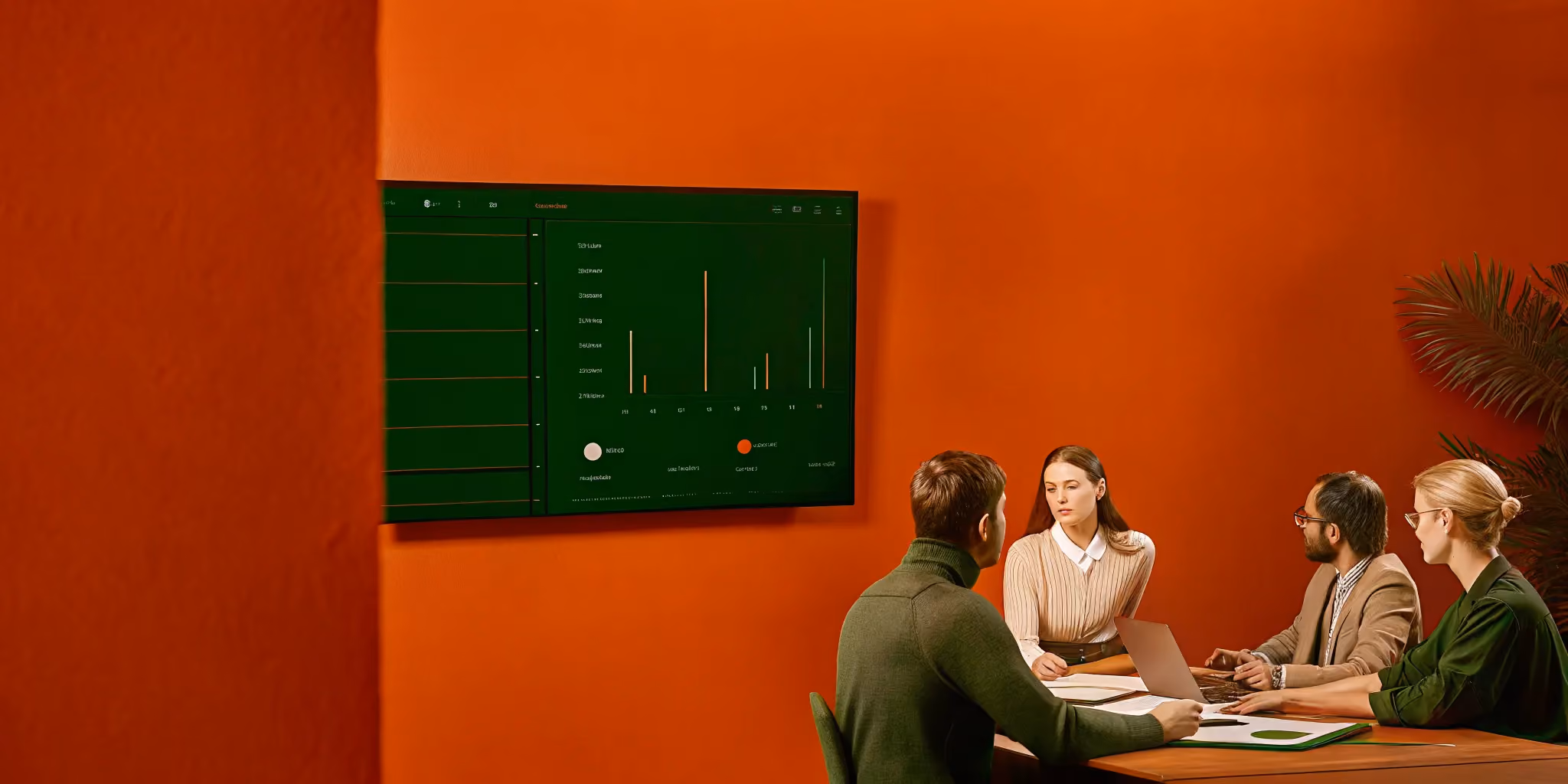 PMO director leading a project management team meeting with digital dashboard showing project timelines and portfolio views