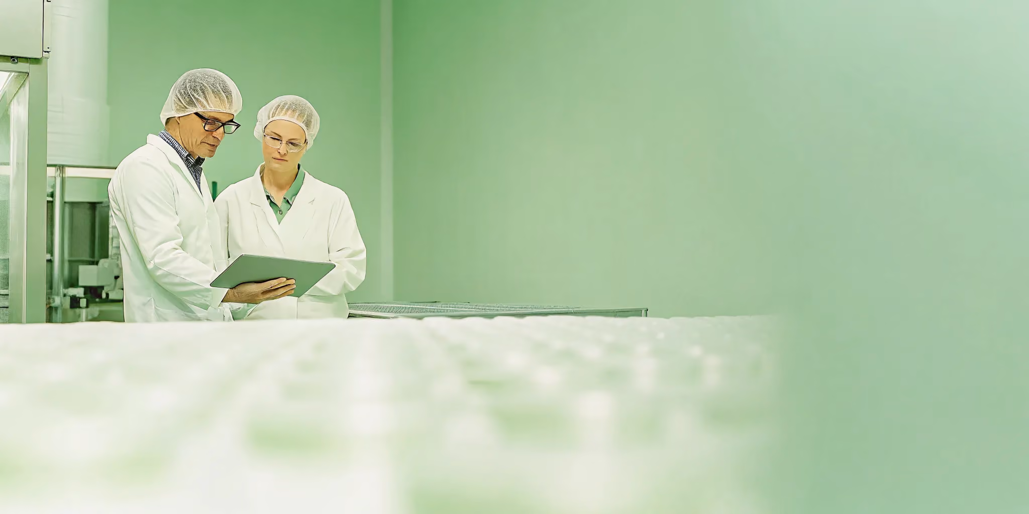 Pharmaceutical professionals reviewing supply chain data in a clean manufacturing facility