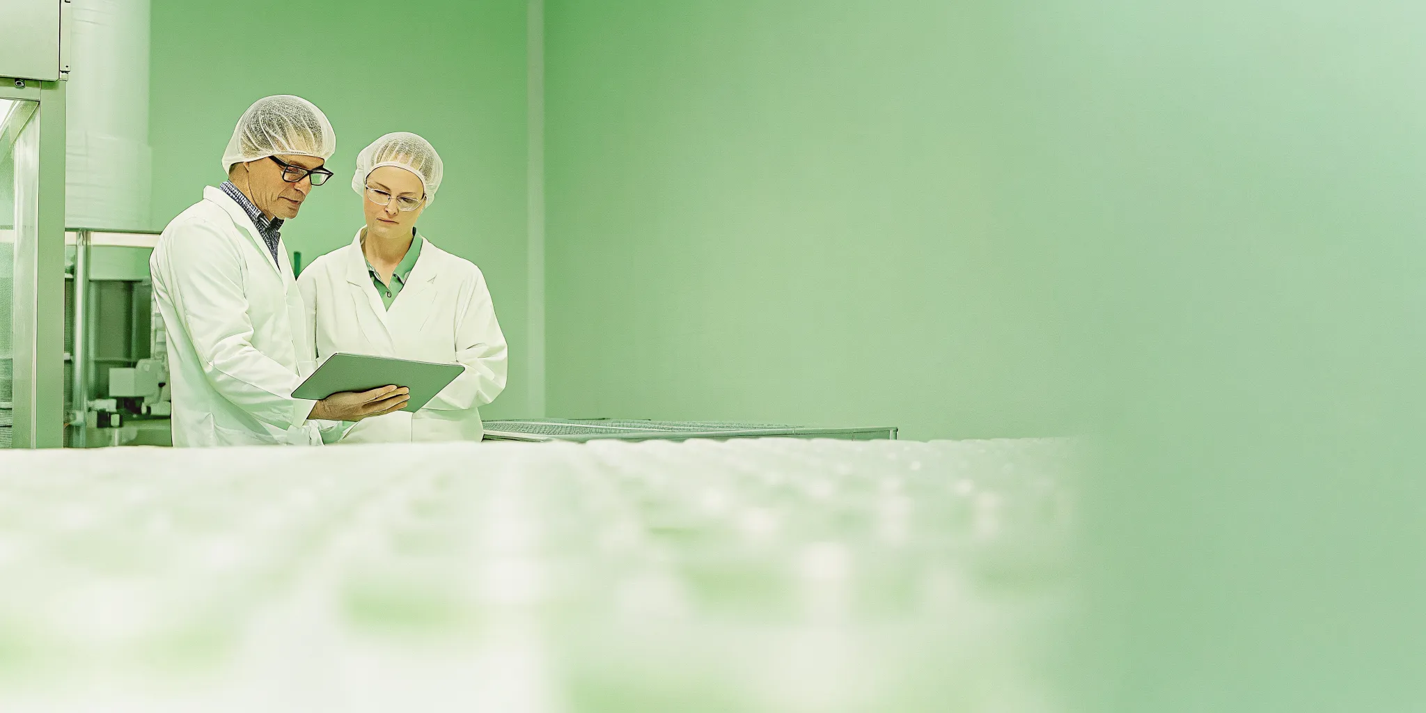 Pharmaceutical professionals reviewing supply chain data in a clean manufacturing facility