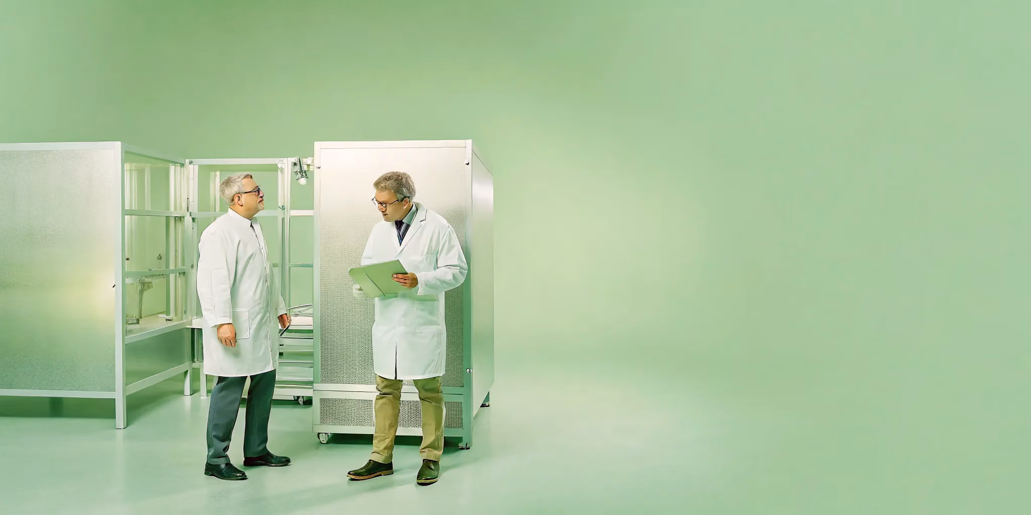 Project managers and a pharmaceutical scientist collaborating on a quality approval workflow in a modern lab