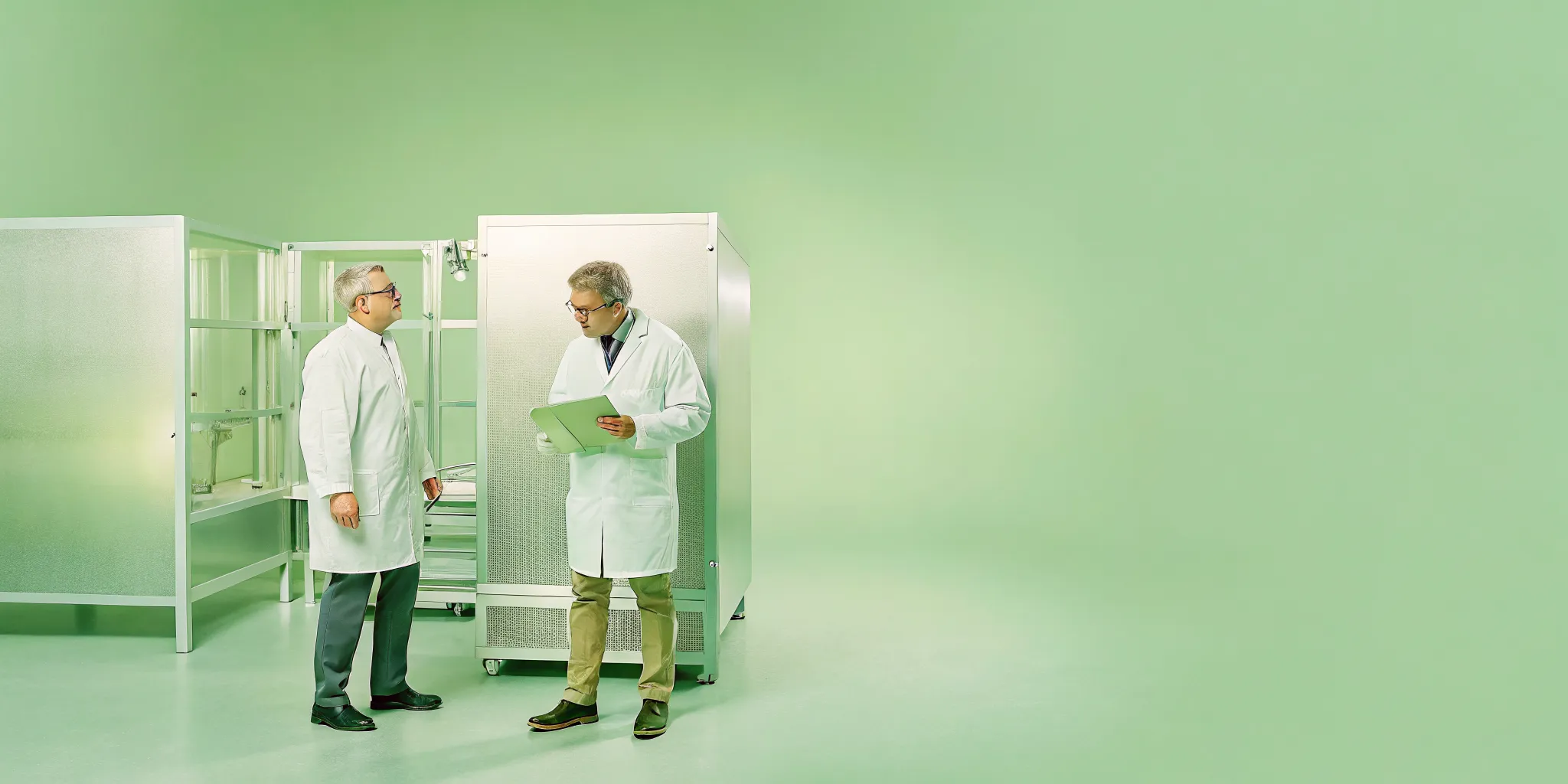 Project managers and a pharmaceutical scientist collaborating on a quality approval workflow in a modern lab