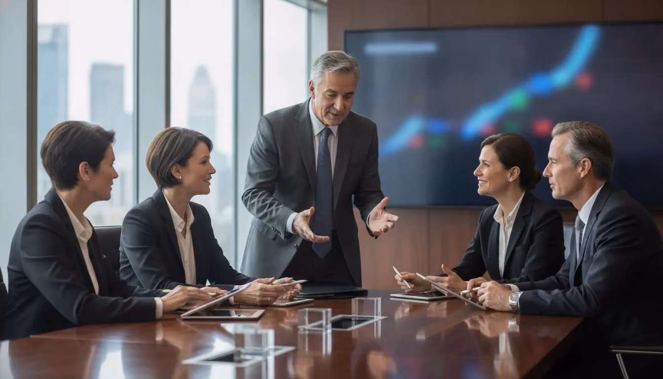 PMO leaders reviewing project portfolio financial performance in a modern boardroom