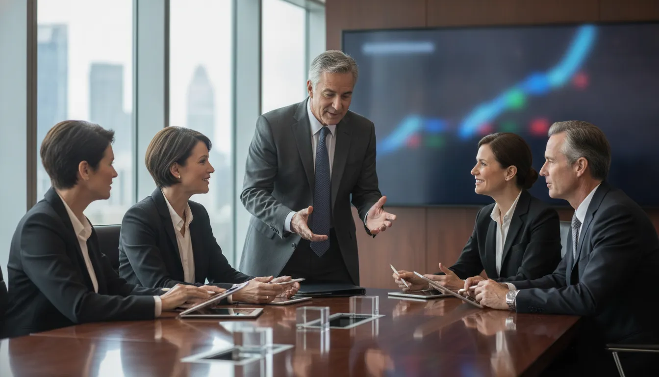 PMO leaders reviewing project portfolio financial performance in a modern boardroom