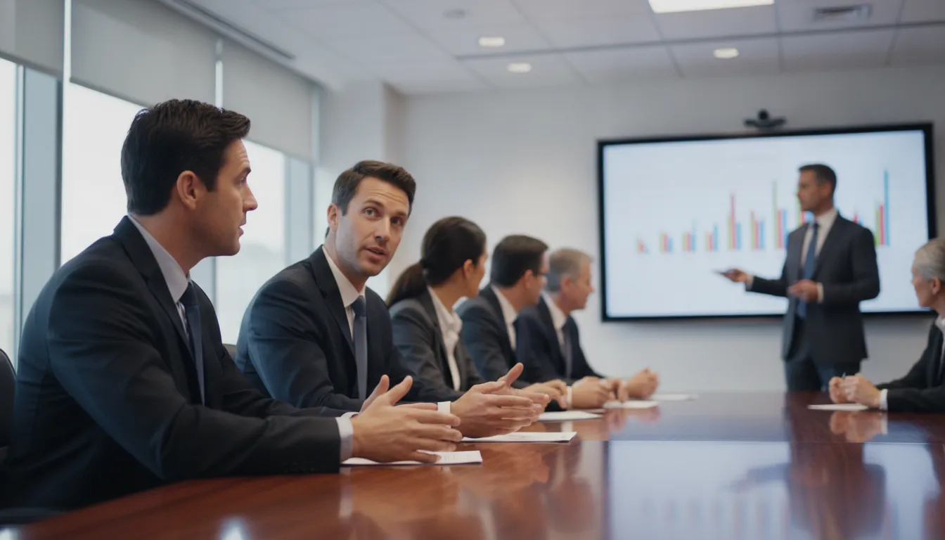 PMO leaders and finance executives discussing portfolio financial performance in a boardroom