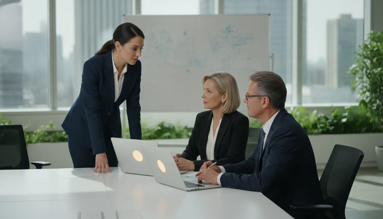 A project management consultant collaborating with senior executives on budget planning