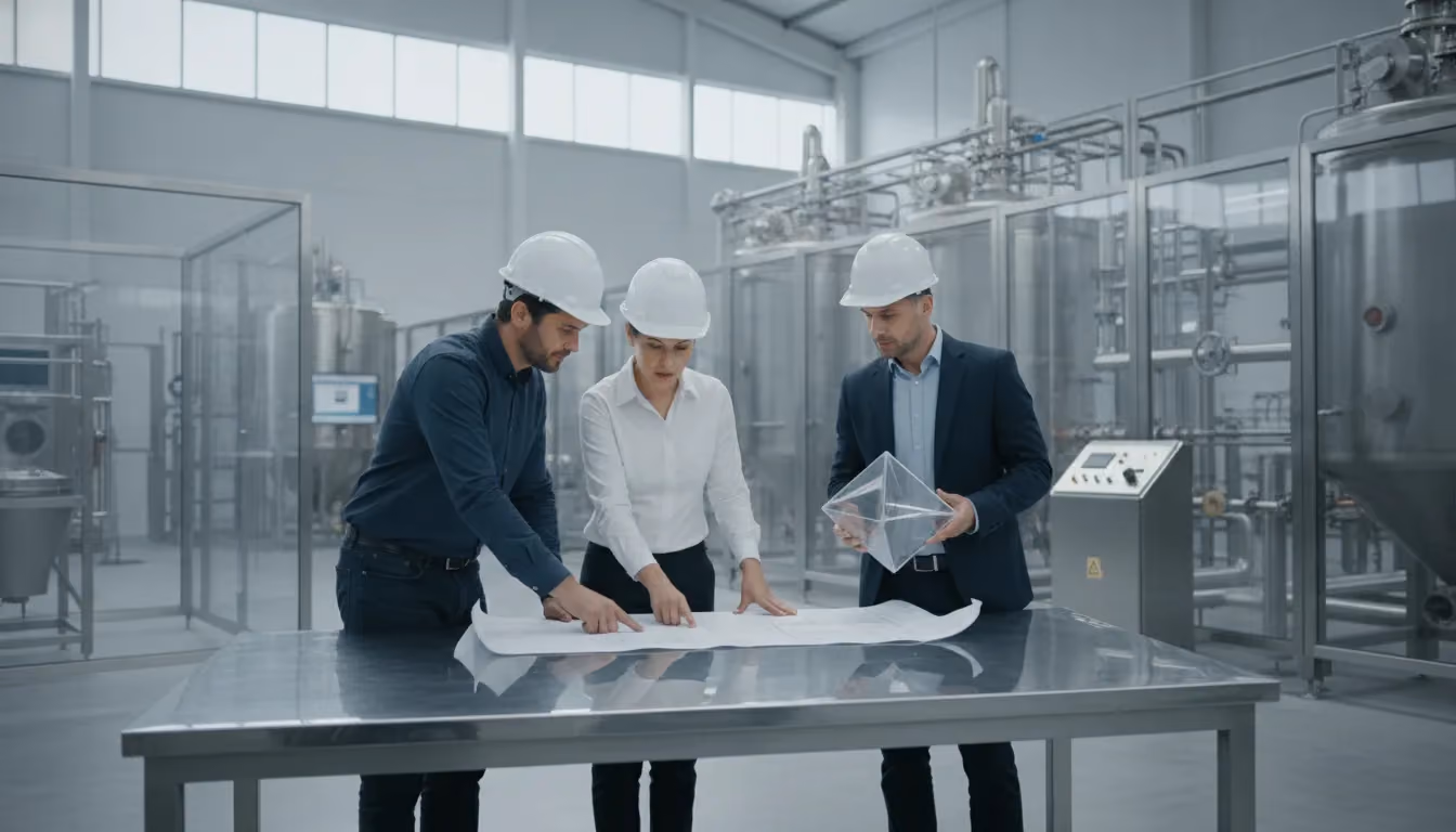 Manufacturing operations leaders reviewing an environmental health and safety compliance plan on a modern factory floor