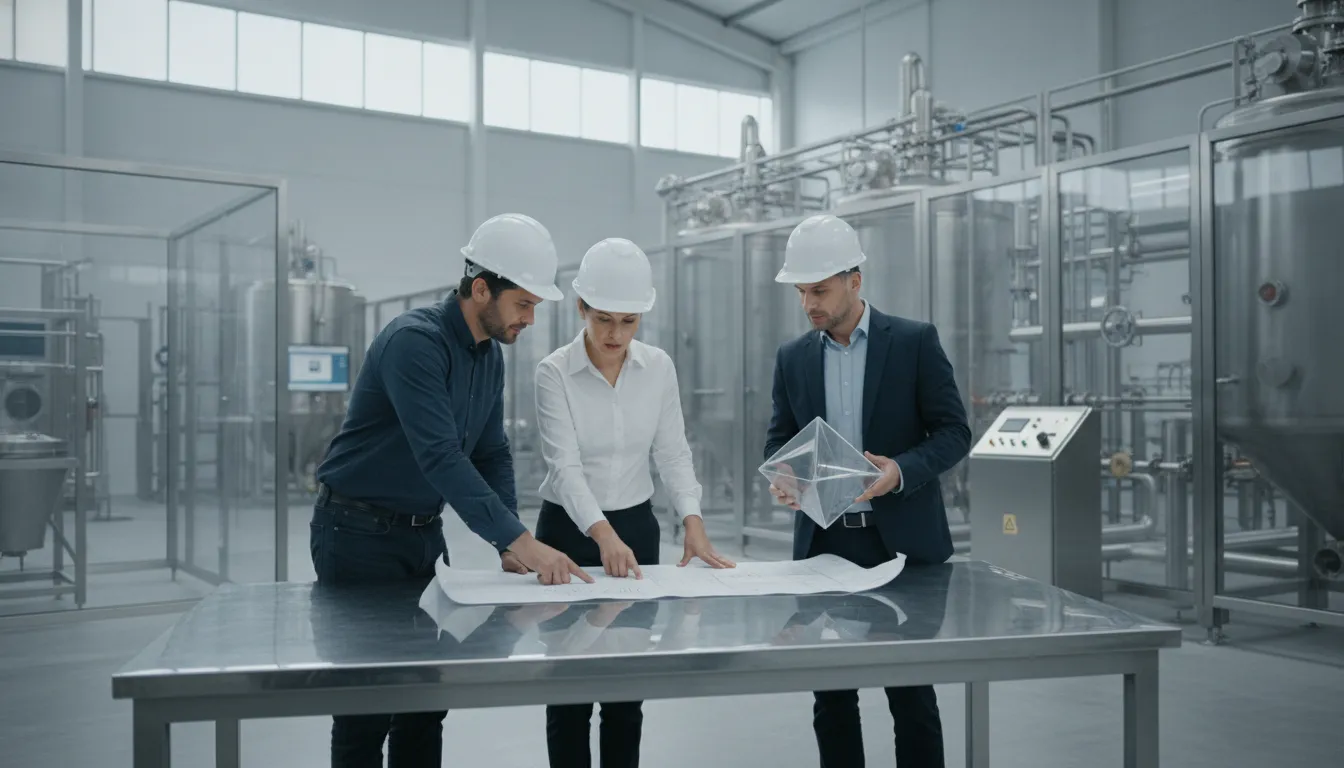 Manufacturing operations leaders reviewing an environmental health and safety compliance plan on a modern factory floor