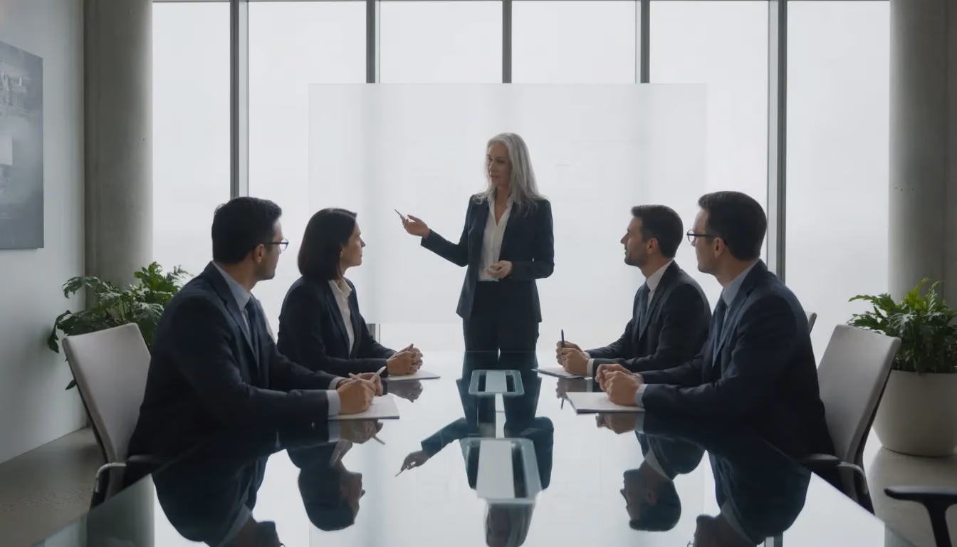 Program managers and executives collaborating on a project roadmap in a modern boardroom