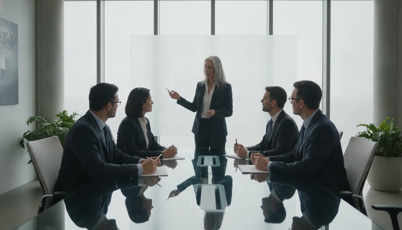 Program managers and executives collaborating on a project roadmap in a modern boardroom