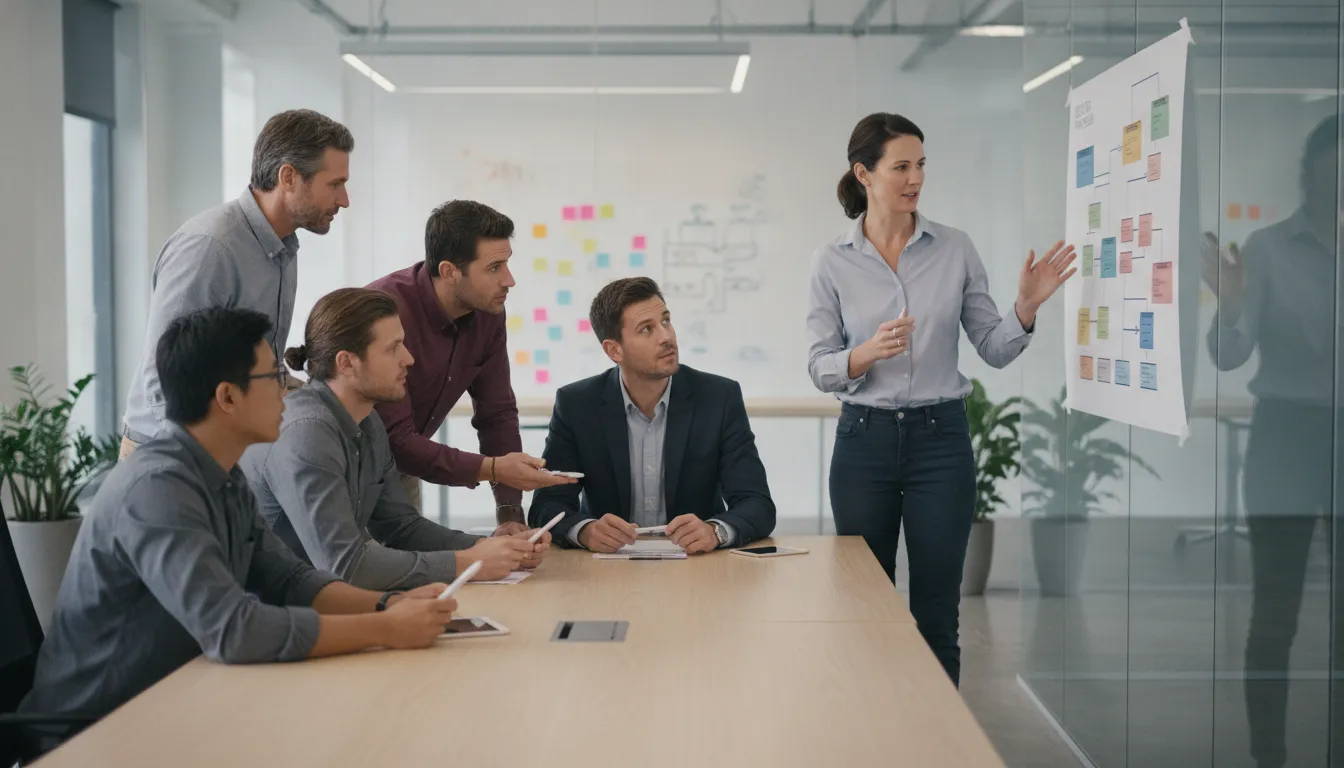 Senior project manager consultancy reviewing a delivery roadmap with a cross-functional client team
