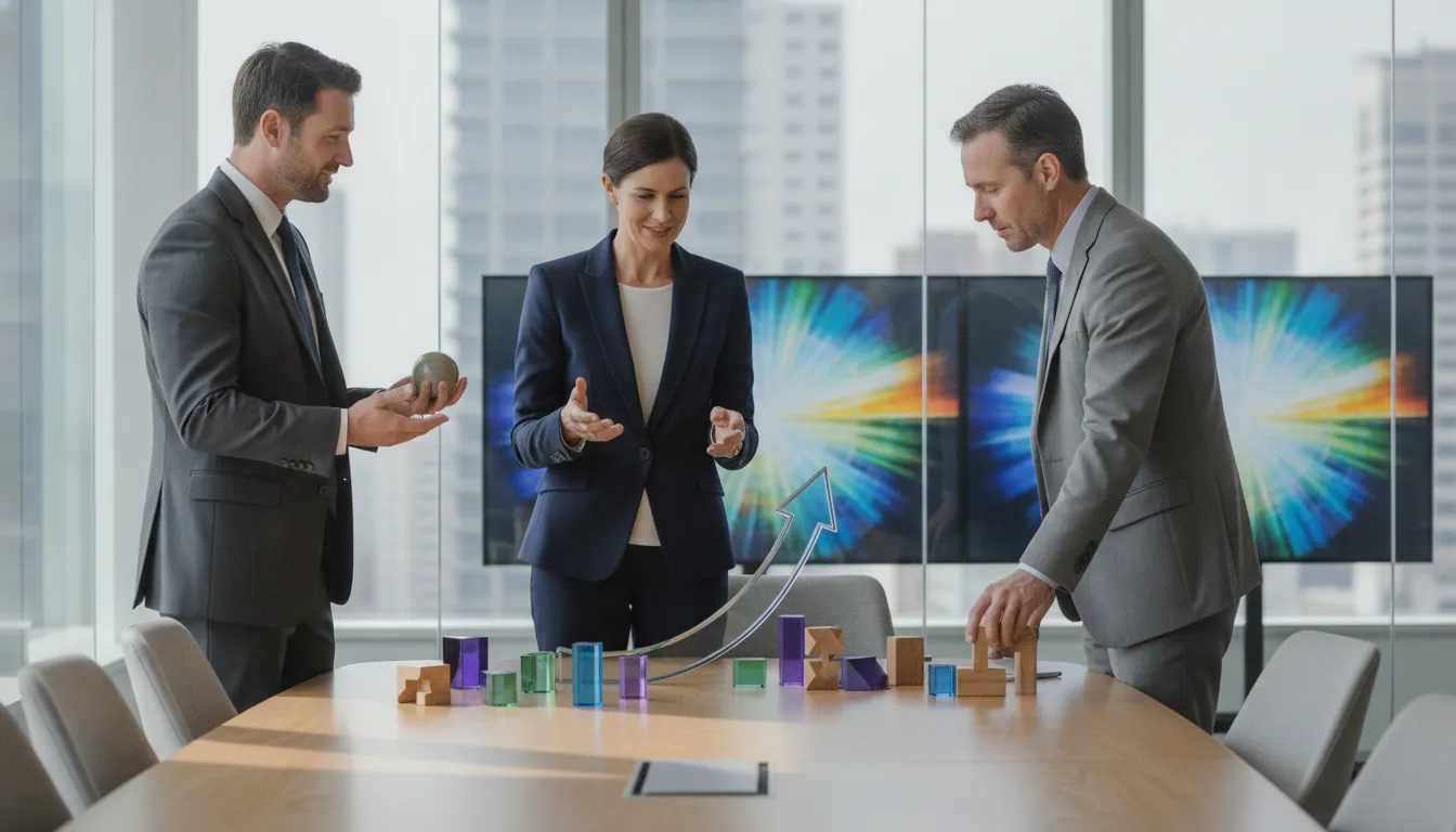 Executive and project management consultants reviewing portfolio milestones in a strategy room