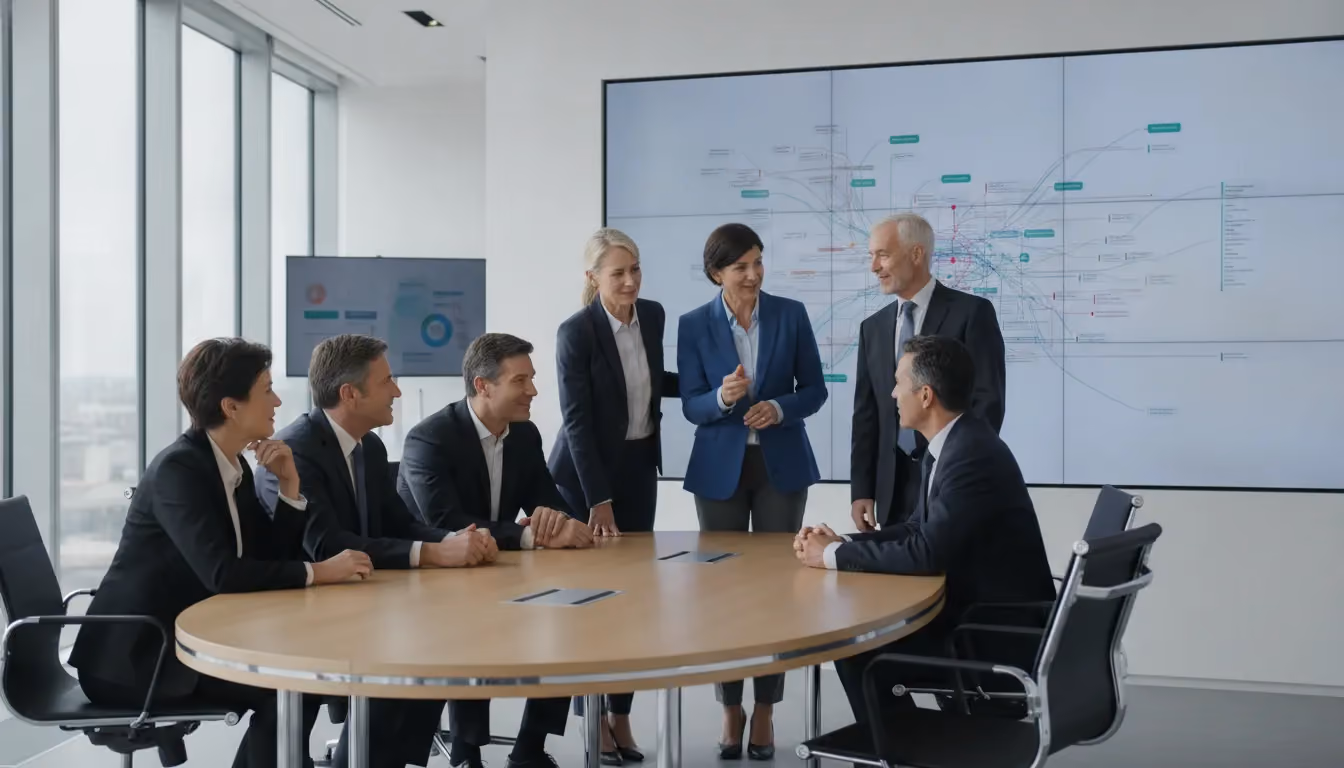 Executive leadership team reviewing a project portfolio in a bright modern office