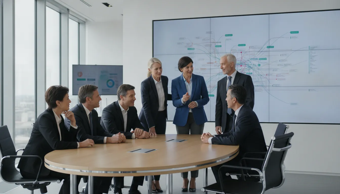 Executive leadership team reviewing a project portfolio in a bright modern office