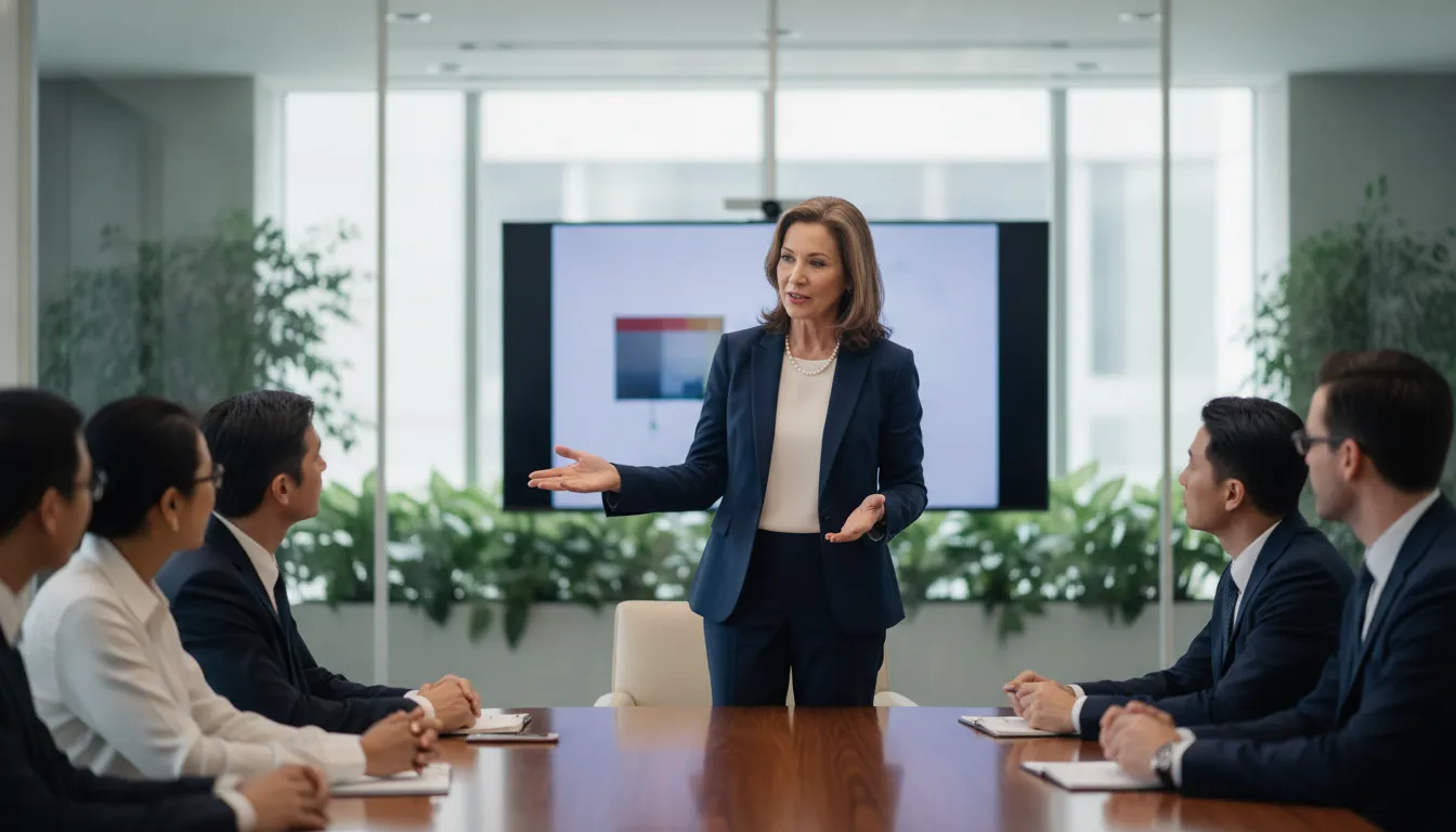 Senior program manager presenting portfolio to executives